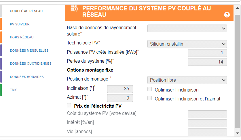 Performances du système sur pvgis